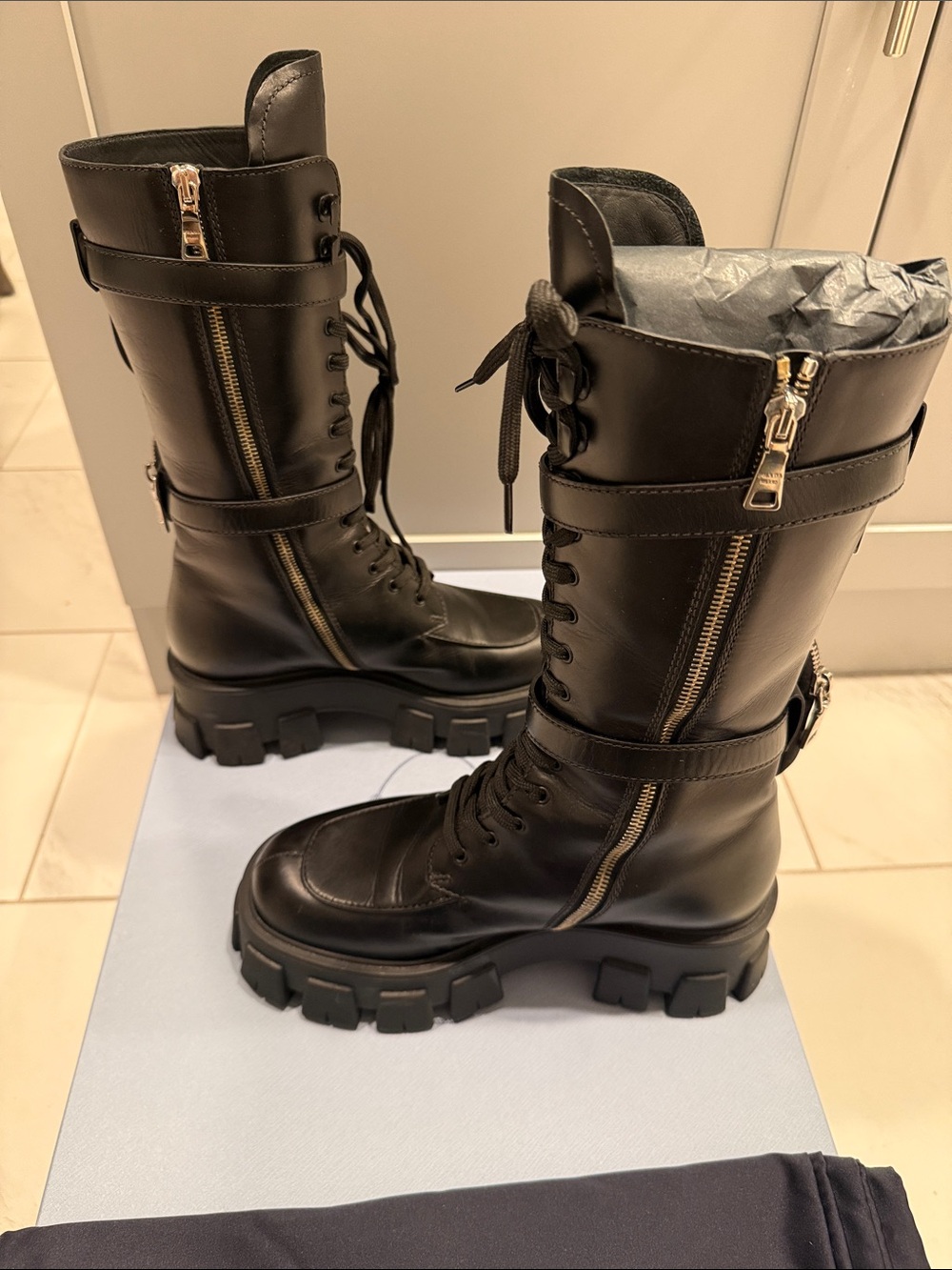Prada Black Leather Tall Lace-Up Combat Boots with Lug Sole - Picture 4 of 6